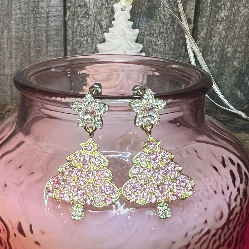 Pink and Gold Christmas Tree Earrings